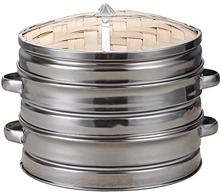 LTLWSH Vaporera de Bambú Orgánico, Sabor Oriental Casero, Hecho a Mano, Olla de Vapor de Madera Oriental, Vaporizador de Madera para Arroz, Verduras, Carne, Pescado,26cm