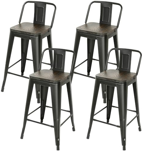 Supfine Tabouret de Bar Industriel Lot de 4 Tabourets Haut Industriels 63,5cm Metal et Bois, Chaise de Bar Empilable pour Exterieur Interieur, Max. 150kg (Hauteur 63,5cm, Noir)
