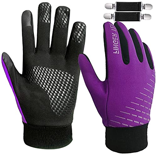 AMRTA Winter Gloves for Kids with 2 Gloves Clips Full Finger Touchscreen Gloves Warm Outdoor Bike Cycling for Boys Girls Youth Children Junior (XS, Purple)