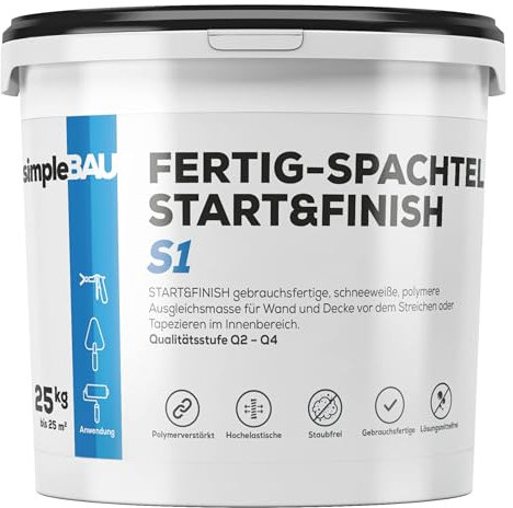 simpleBAU Spachtelmasse Weiß Innen 25 kg – Gebrauchsfertige Fertigspachtel für Wand & Decke, Polymer-Spachtelmasse Start&Finish – Glätten, Füllen & Reparieren, Staubfrei & Leicht Schleifbar