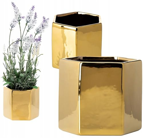 HowHomely Moderne Blumentopf Keramik Gold 12 cm Hoch - Langlebige und Leichte Übertopf für Deko Wohnzimmer Schlafzimmer Bad oder Büro