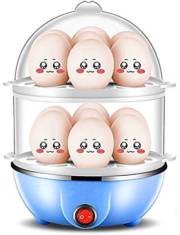 Cuociuova, cuociuova 350 W 2 strati 14 pezzi Uova alla volta Spegnimento automatico Scaldauova in PP resistente e sicuro con misurino per la casa(EU-doppio strato blu) Regalo di San Valentino