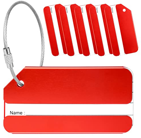 Yizhet Étiquette Bagage 6 x Etiquette Valise en Alliage d'aluminium avec Cordes en Acier Inoxydable et Porte-nom pour Prévenir la Perte des Sacs et Valises (Rouge)