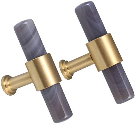 Nupuyai 2pcs Agate Crystal Stone Drawer Pulls and Knobs, Cylinder Wand Cabinet Knobs Brass Handles for Dresser Wardrobe Kitchen Decor
