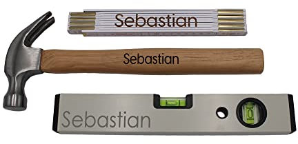 NEO-DESIGN Handwerker-Set Zimmermannshammer Zollstock Wasserwaage mit Wunsch-Namen oder Spruch | Männer Geschenke, Geschenke für Papa, Geburtstagsgeschenk, Gadgets für Männer