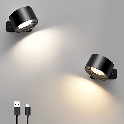 Mexllex 2PCS LED Wall Light，Rechargeable LED Wall Lamps，3 Brightness Levels 3 Color Modes，360° Rotatable Touch Control，Wireless Wall Mounted，Reading Lights Bedroom Night Lights Black