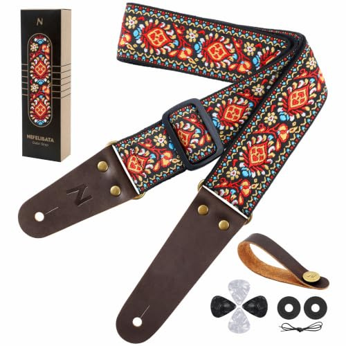 Nefelibata Guitar Strap with Leather Ends for Bass, Electric & Acoustic Guitars, with Free Strap Button, 1 Pair Strap Locks and 4 Guitar Picks