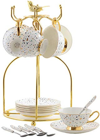 DYPASA Angelzubehör Espressotassen und Untertasse Set farbige Spots Keramik Kaffeetassen mit Metallorganisator Rack, Untertassen und Kaffeelöffel, 7,8 Unzen, Set von 6 Kleinteilebox