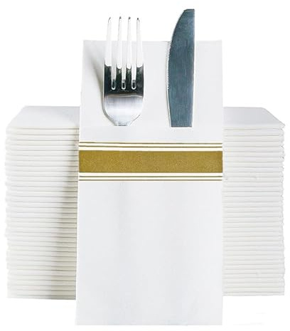 DADAWU Disposable Gold Dinner Napkins with Pre-folded Utensil Pocket for Cutlery, Thick Absorbent Durable Wood Pulp,Suitable for Dinner Birthday Party BBQ Wedding Table Setting 50pcs
