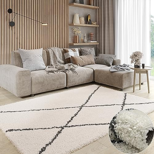 MY-RUG Shaggy Luxe Teppich 160x230 cm - Flauschiger Hochflorteppich Weich | Moderner Wohnzimmerteppich Creme Weiß, Skandi Rauten-Muster, Jute-Rücken, Robust, für Fußbodenheizung geeignet