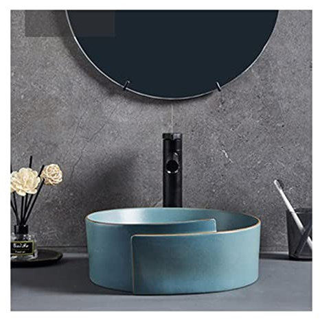 MOOWI Waschbecken Modernes keramisches Gefäß Waschbecken über Gegengeschirr Spüle mit Wasserhahn Combo Badezimmerdecke Waschbecken Goldbesatz Oben, 14,1 × 14.1 Aufsatzwaschbecken (Color : D)
