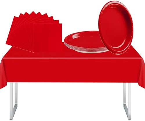 Ensemble de vaisselle de fête rouge de 37 pièces avec nappe en plastique, assiettes en papier et serviettes pour fournitures, décorations, pique-nique, Thanksgiving, Noël, anniversaire pour enfants et