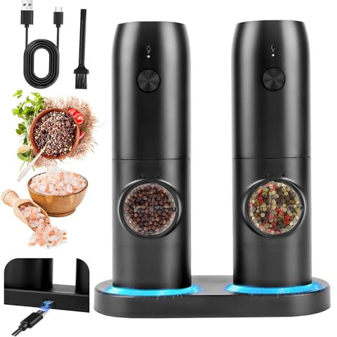 Juego de 2 molinillos de sal y pimienta eléctricos con base recargable, molinillo de especias con doble estación de carga, cepillo, luz LED blanca, molienda automática para barbacoa, restaurante,