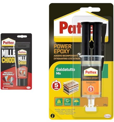 Pattex Mille Chiodi Extreme, forte adesivo di montaggio & Power Epoxy Saldatutto Mix 5 minuti, forte colla epossidica bicomponente