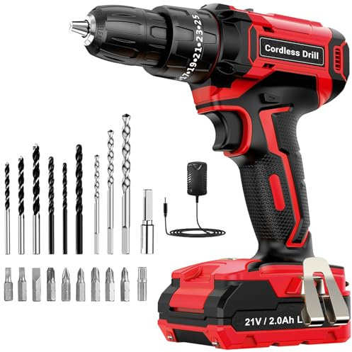 Cordless Electric Drill 21V, 2000mAh Battery, 42N.m Max, 25+3 Torque Cordless Drill Driver, 20pcs Bits, LED Light for Home and Garden DIY Project