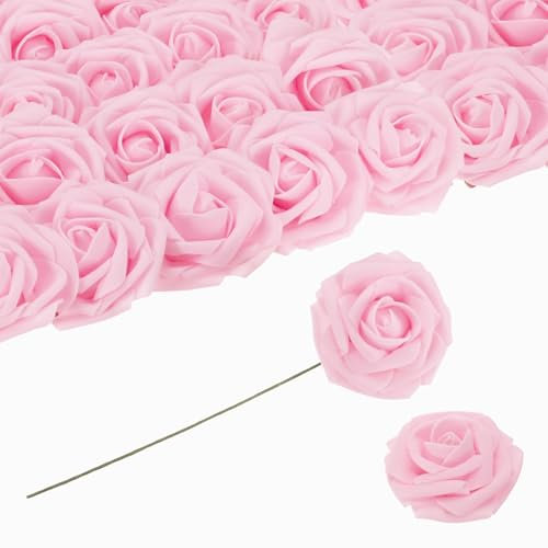QUARKZMAN 25 Stück Schaumrosen Künstliche Blumen, Gefälschte Rosen mit Stielen Schaum Real Touch Faux Rosen für Hochzeit Party Büro Duschen Hausdekoration, Hellrosa