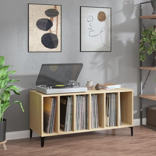 IKAYAA Mueble de Discos de Madera con Patas Metálicas 100x38x48 cm, Tocadiscos de Vinilo y Estantería CD