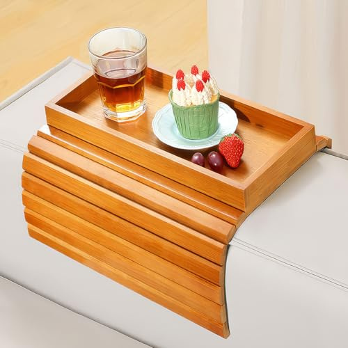 Kssiaz Sofatablett Armlehne, Bambus Sofa Tablett Sofa Ablage, Faltbares Couch Tablett Armlehne, Rutschfestes Sofa Armlehnentablett Sofatablett mit Getränkehalter für Snacks/Handy/Tassen, Hellbraun | Sofa-Armlehnentisch, rutschfester Armlehnen-Organizer, faltbarer Couch-Becherhalter für Dessert, Telefon, Steuerung, Tassen