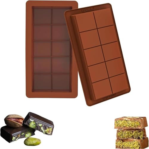 HhBdy Chocolate Moulds, 2 Pcs, 10 Cavity, Silicone, Chocolate Bar Moulds, Thick, Brown, Rectangular Prism