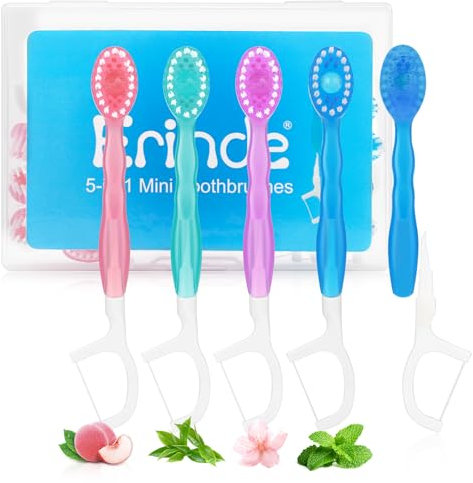 Erinde 12 Unités Brosse à Dents et Fil Dentaire 2 en 1 (6 Menthe + 6 Pêche), inclut Cure-Dents, Dentifrice et Gratte-Langue, Nettoyage Profond avec Protection pour Gencives Sensibles
