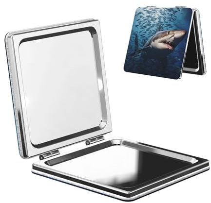 Kompakter Spiegel, Reise-Make-up-Spiegel, tragbarer Taschenspiegel, ein Hai schwimmt im Meer, Make-up-Spiegel, PU-Leder, doppelseitige Vergrößerung, 1x/2-fache Vergrößerung, Reisespiegel für tägliche