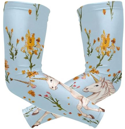 Manicotti a compressione per bambini con unicorni dei cartoni animati blu cielo (1 paio), protezione solare UV a compressione, per adulti, pallavolo, basket, ciclismo, M, Cielo Blu Unicorni Cartoon, 1