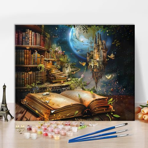 TISHIRON DIY Books Paint by Numbers for Adults, Vintage Castle Theme | Pre-numbered canvas with acrylic paints, oil hand painting botanic, bookshelf design, unique gift, 16x20 frameless