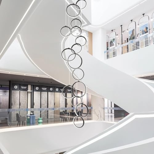 Stesulfr Moderner LED Kronleuchter großer Kronleuchter das Foyer 15 Ringe Aluminiumring dimmbare Pendelleuchte für hohe Decken mit Fernbedienung, höhenverstellbare Deckenleuchte für Treppenhaus und Wo