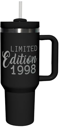 Thermobecher personalisiert „Limited Edition“ inkl. Gravur mit Geburtsjahr - Trinkbecher mit Deckel & Strohhalm 1,2 l / 40oz - Geburtstagsgeschenk für Frauen & Männer - Farbe Black