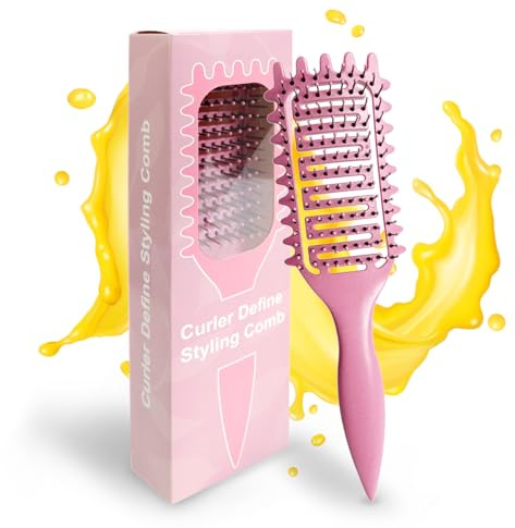 Qufiiry Brosse Cheveux Bouclés, Professionnelle Peigne Boucles Définition avec Manche Ergonomique, Design Semi-ajouré pour Tous Types de Cheveux (Rose)