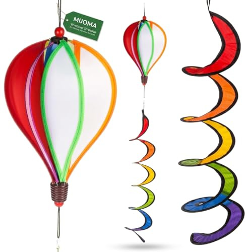 MIJOMA Windspiel 3D Ballon – Ø25cm x H90cm | Buntes Garten-Deko Windspiel aus Nylon & Fiberglas | Wetterfestes Hänge-Dekoelement für Balkon, Terrasse & Garten
