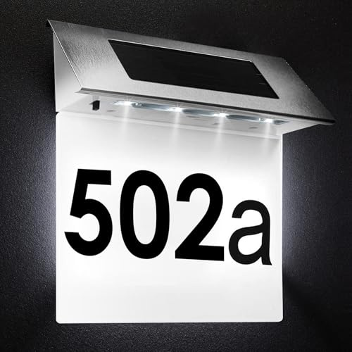 LustLocke Numero civico a energia solare illuminato, numero civico a LED, IP65, impermeabile, con sensore crepuscolare, in acciaio inox e design senza fili