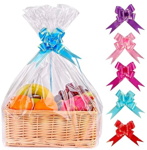 Noaxylic 5 Pezzi Sacchetti di Cellophane Trasparenti, 60 x 76 cm Sacchetti Trasparenti, Pellicole da Regalo con 5 Fiocchi, Confezioni e Bouquet Natalizi, per Cesti, Fiori e Confezioni Regalo