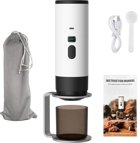 Mocoli Macchina da Caffè Espresso Portatile 3 in 1, Macchina per Caffè Espresso Elettrica 90ml Caffettiera Elettrica da Viaggio con Batteria per 12V Auto e Camion e Campeggio (Bianco+Supporto)