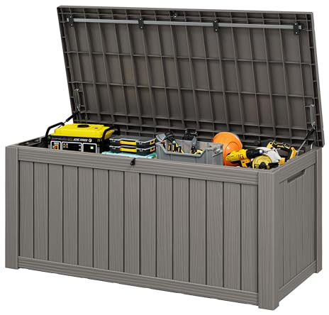 WTFGO 150 Gallon Outdoor Storage Box, Resin Deck Boxes Outdoor Waterproof For Patio Furniture, Garden Tools, Pool Supplies, Lockable And UV Resistant (Striped Gray)