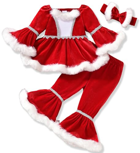 LYSINK Toddler Girl Christmas Santa Outfits Plush Patchwork Long Sleeve Round Neck Tops + Elastic Waist Flare Pants + Headband (Ba Red, 3-4T)