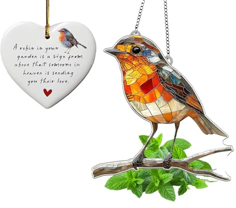 2Pcs Robin Ornaments, Robin Gifts for Home and Garden Decor, Robin Suncatcher and Heart Ornament Set for Windows and Outdoor Spaces