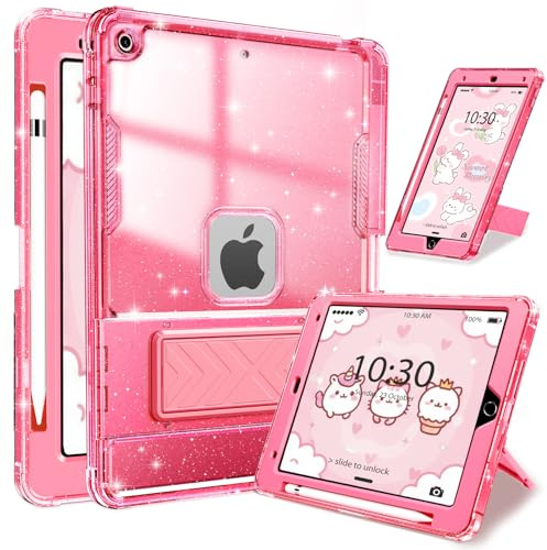 INFILAND Case for iPad 9th/8th/7th Generation 2021/2020/2019 10.2 inch Glitter Clear, Shockproof Protective Cute iPad 7/8/9 Gen Cover with Stand, Pencil Holder for Kids, Girls, Women (Pink)