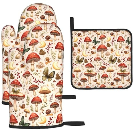 Mushroom Pot Holders and Oven Mitts Set, Botanic Farmhouse Potholders and Oven Mitts for Baking Cooking Grilling BBQ, Mushroom Gifts for Women Chef Baker