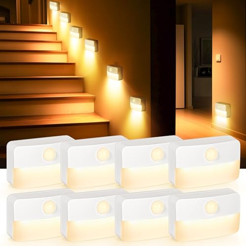 LED Stair Lights Motion Sensor, 8-Pack Warm White Light for Under Stairs, Hallway, Wardrobe, Bedside, Wireless Staircase Lights Indoor, Battery Powered Stick-On Wall Night Light for Toilet, Loft