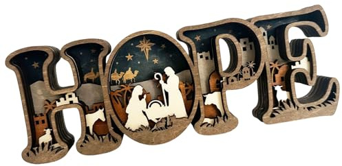 NVOQILIN Decorazione da tavolo in legno naturale con scritta HOPE e presepe, decorazione da tavolo per casa e ufficio