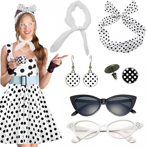 Accessori Anni 50 Donna, 8 Pezzi Vintage Set di Accessori per Costumi Anni '50 '60, Sciarpa in Chiffon Fascia per Capelli a Pois Occhiali Orecchini per Feste di Compleanno Carnevale Halloween