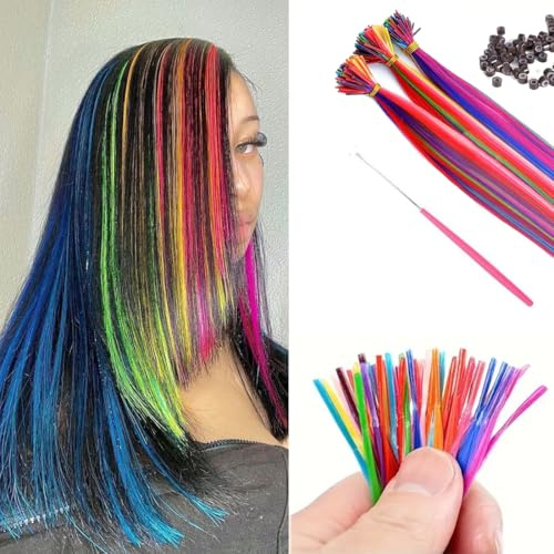 100 Strands 20 inch Hair Extensions, I Tips Fusion Hair Extension Rainbow Colors Various Color, Heat Resistant Highlight Micro Ring Hair Accessories (Multi-Colored)