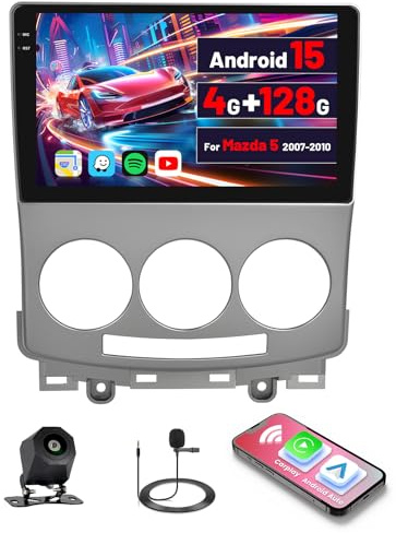 Inefala [4+128GB] Android 15 Car Radio for Mazda 5 2007-2010 with Wireless Carplay/Android Auto, 9 Inch HD Touch Screen Car Stereo with GPS WiFi Bluetooth FM/RDS EQ SWC Backup Camera MIC
