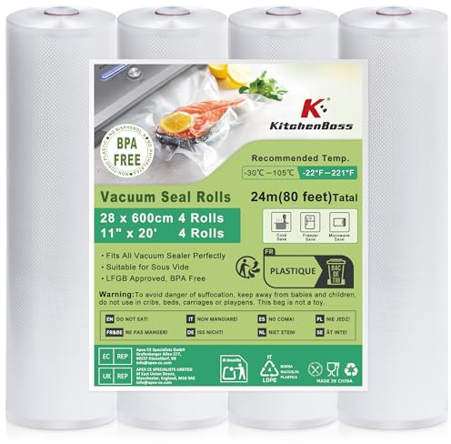 KitchenBoss Rouleau Sous Vide Alimentaire, Sac Sous Vide Alimentaire 28 x 600 cm, 4 rouleaux