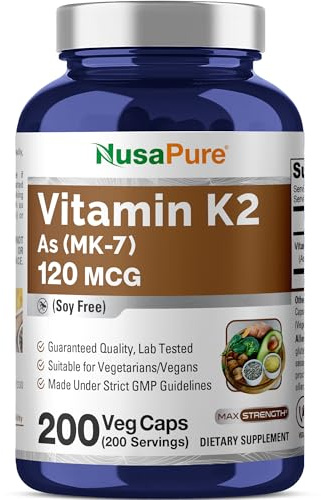 NusaPure Vitamin K2 MK7 120 mcg 200 Veggie Caps (Soy Free, Non-GMO, Vegan)