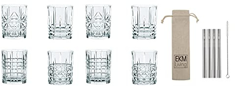 Nachtmann Becher Whisky Highland Set/8 7435 8tlg 0095906-0 x 2 + Gratis 4er Set EKM Living Edelstahl Trinkhalme
