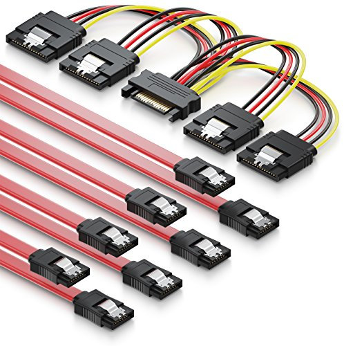 deleyCON - 4x 0,5m SATA 3 Kabel 6 GBit/s für schnelle Datenübertragung + 0,15m Strom Adapter Kabel/Splitter/Verteiler 1x Buchse zu 4x Stecker für 2,5 + 3,5 Zoll SSD HDD Festplatte Computer PC