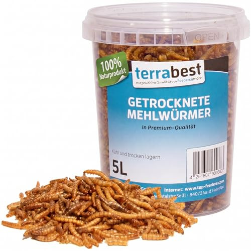 Feeders & More | Getrocknete Mehlwürmer | 5L | Proteinreiches Einzelfuttermittel | Für Wildvögel, Igel, Hühner & Nager und zum Angeln | Ganzjährig fütterbar