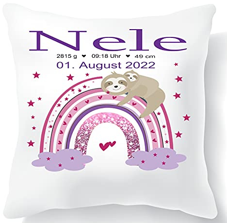 Zarto Babygeschenk mit Geburtsdaten personalisiert - Kissen mit Namen als Geschenk zur Geburt oder Taufe - Namenskissen für Baby's Jungen & Mädchen (Regenbogen)